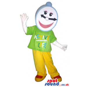 Clock Mascot With A Happy Face Wearing Clothes With Text -