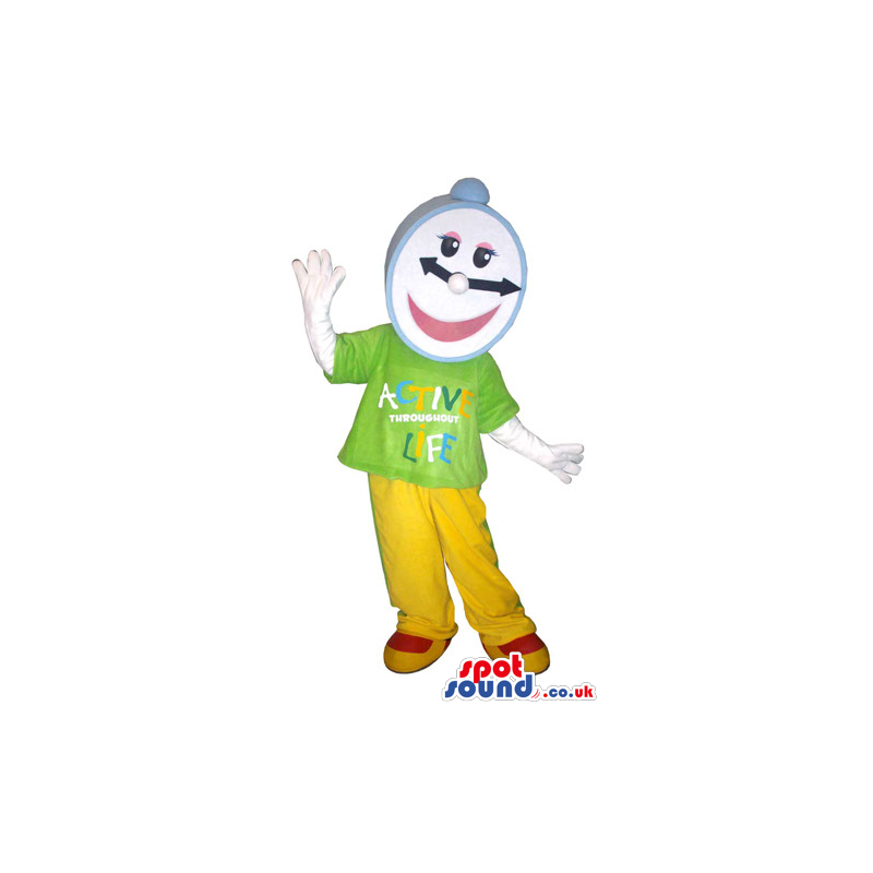 Clock Mascot With A Happy Face Wearing Clothes With Text -