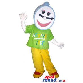 Clock Mascot With A Happy Face Wearing Clothes With Text -