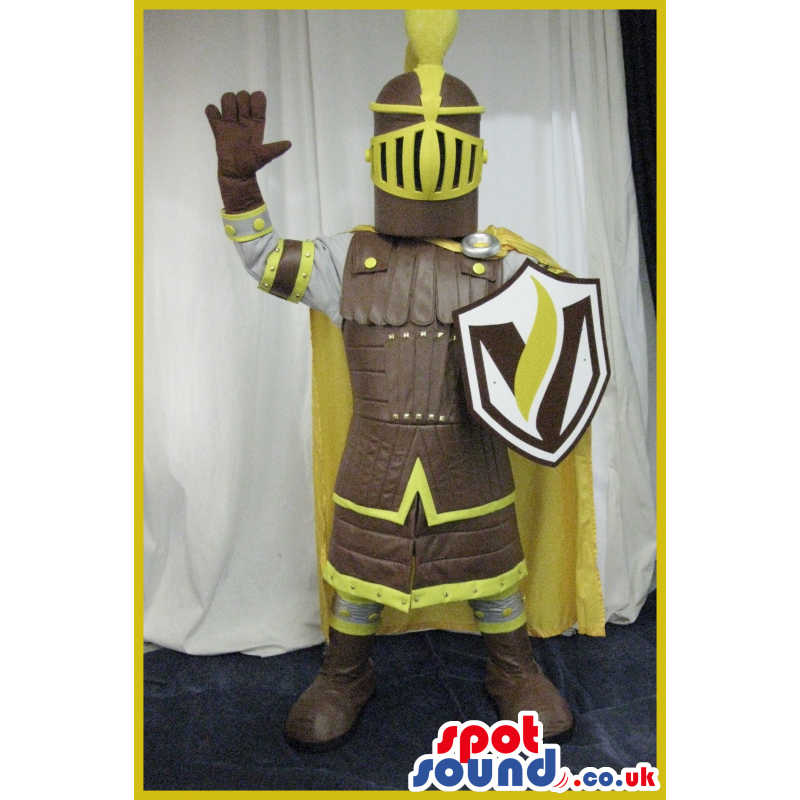 Medieval Warrior Mascot Wearing Yellow And Golden Armor -