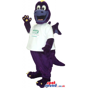 Funny Purple Dragon Plush Mascot Wearing A T-Shirt With Text -