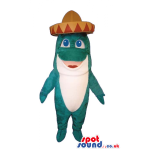 Cute White And Blue Fish Plush Mascot Wearing A Mexican Hat -