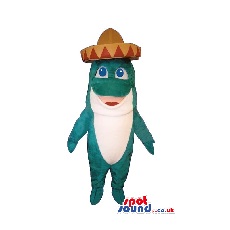 Cute White And Blue Fish Plush Mascot Wearing A Mexican Hat -