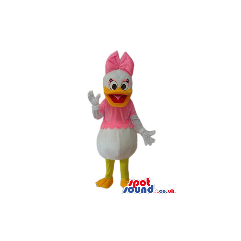 Daisy Duck Disney Character Mascot In A Pink Dress And Ribbon -