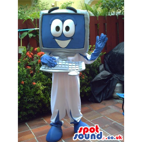 Grey and blue computer mascot with smiling face on screen -