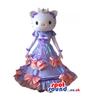 Kitty Cat Cartoon Mascot With A Long Purple Dress And Crown -