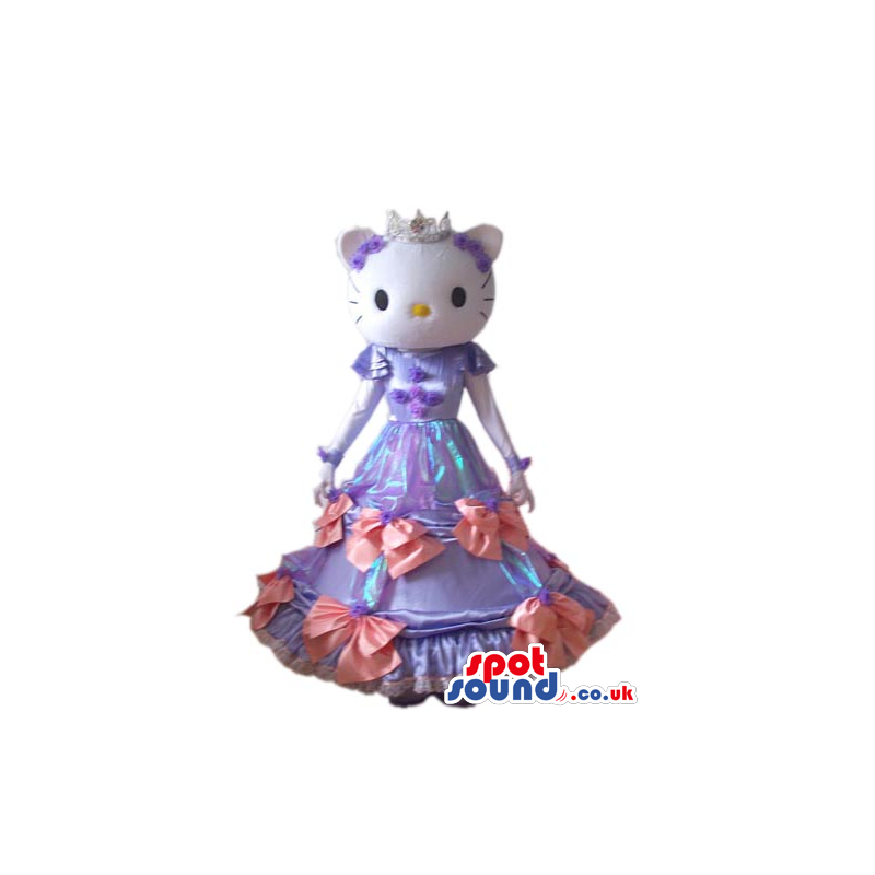 Kitty Cat Cartoon Mascot With A Long Purple Dress And Crown -