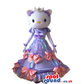 Kitty Cat Cartoon Mascot With A Long Purple Dress And Crown -