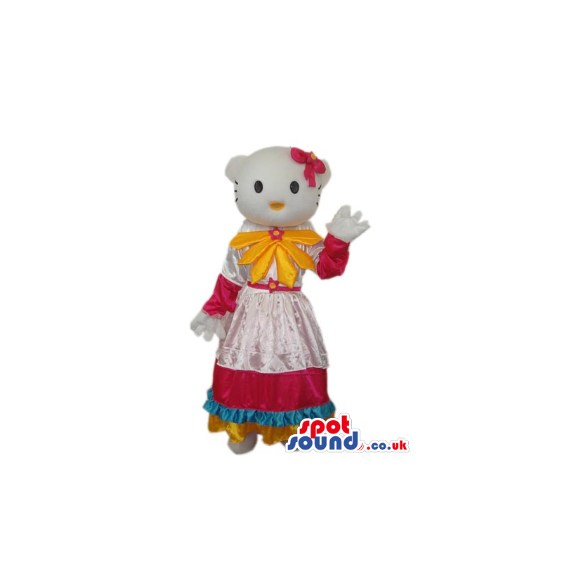 Kitty Cat Cartoon Mascot With A Countryside Dress And Yellow