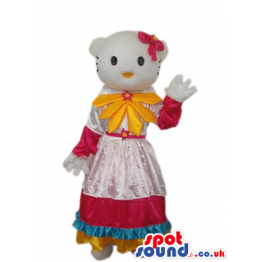 Kitty Cat Cartoon Mascot With A Countryside Dress And Yellow