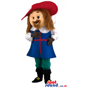 Tall musketeer macot with red hat,blue robe with red cross. -