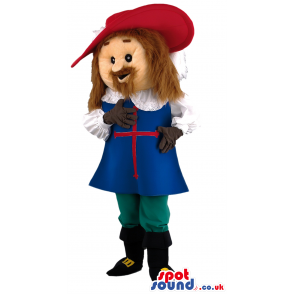 Tall musketeer macot with red hat,blue robe with red cross. -