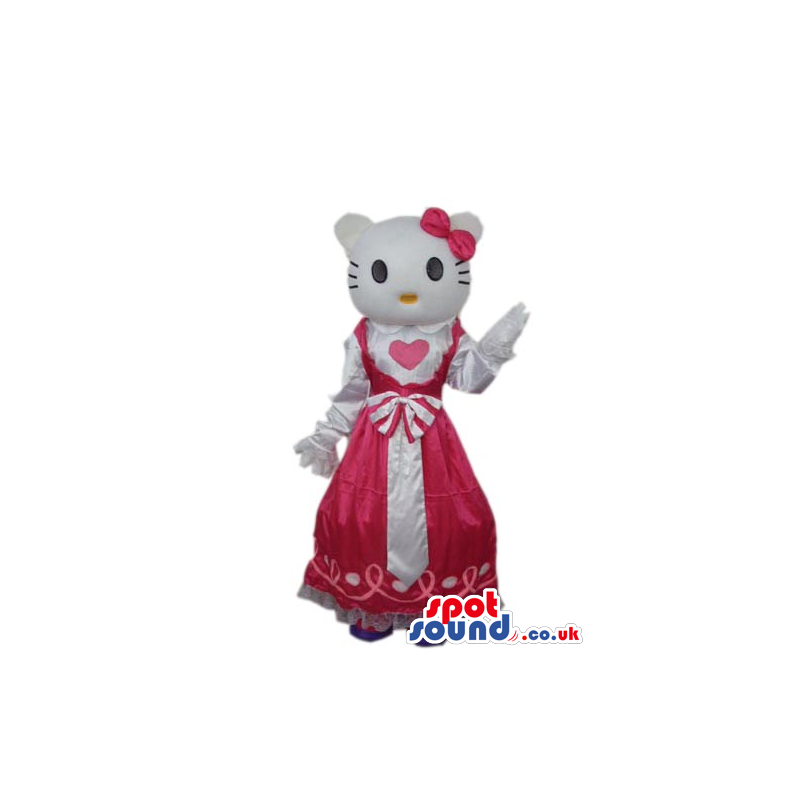 Kitty Cat Cartoon Mascot Wearing A Red Dress With A Heart. -