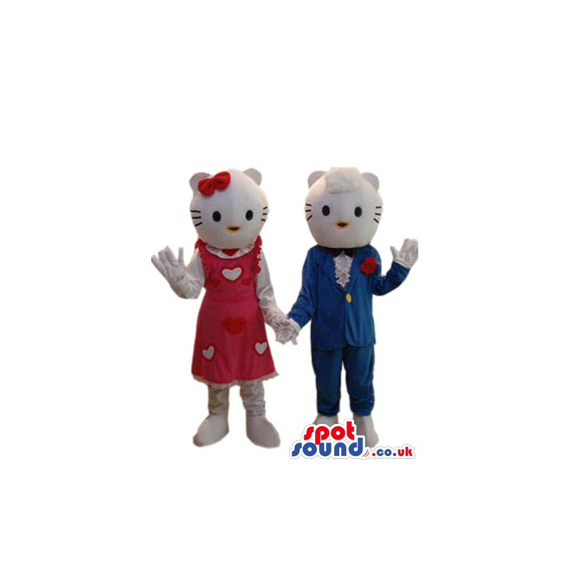 Kitty Cat Character Couple Mascots Wearing Blue And Red Clothes