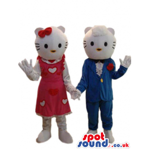 Kitty Cat Character Couple Mascots Wearing Blue And Red Clothes