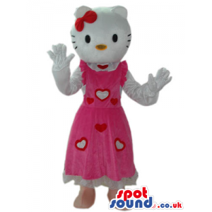 Kitty White Cat Popular Character Mascot Wearing A Hearts Dress