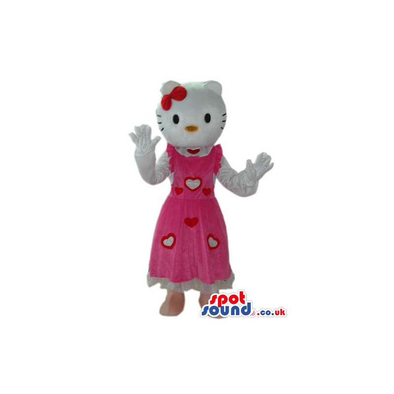 Kitty White Cat Popular Character Mascot Wearing A Hearts Dress