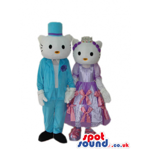 Kitty Cat Couple Plush Mascot Wearing Shinny Elegant Garments -