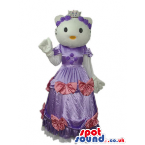 Kitty White Cat Popular Character Mascot Wearing A Purple Dress