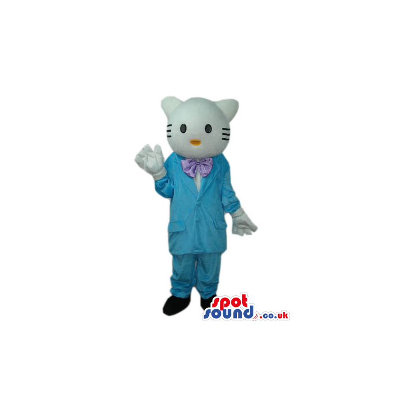 Kitty Cat Boy Cartoon Mascot With Blue Clothes And A Bow Tie -