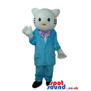 Kitty Cat Boy Cartoon Mascot With Blue Clothes And A Bow Tie -