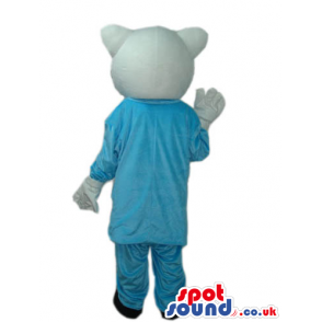 Kitty Cat Boy Cartoon Mascot With Blue Clothes And A Bow Tie -