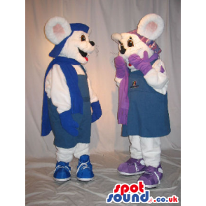 White Mice Couple Plush Mascots Wearing Winter Garments -