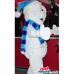 Snowman Mascot Wearing A Blue Hat And Striped Scarf - Custom