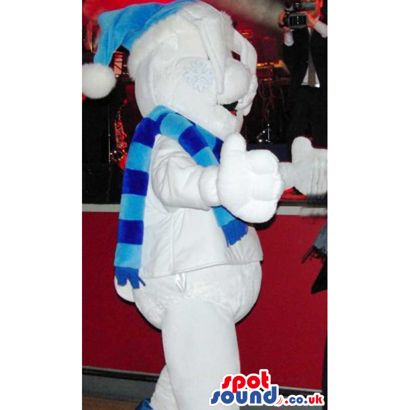 Snowman Mascot Wearing A Blue Hat And Striped Scarf - Custom