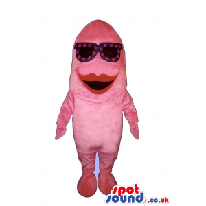 Pink Fish Plush Mascot With Red Lips Wearing Red Sunglasses -