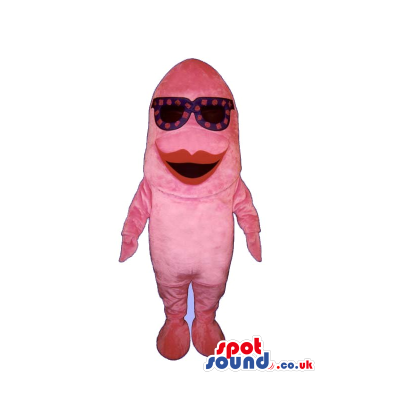 Pink Fish Plush Mascot With Red Lips Wearing Red Sunglasses -