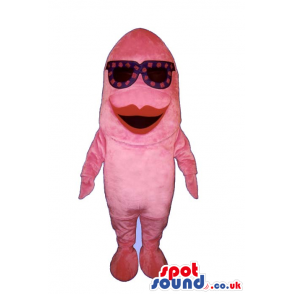 Pink Fish Plush Mascot With Red Lips Wearing Red Sunglasses -