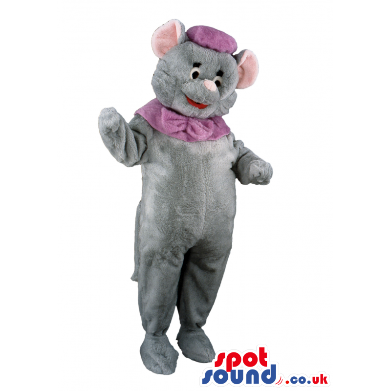 Smiling giant grey mouse mascot with purple beret hat - Custom