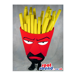 Angry French Fries Red Bag Food Mascot With A Mustache - Custom