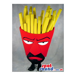 Angry French Fries Red Bag Food Mascot With A Mustache - Custom