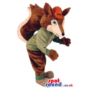 This Is A Brown And Beige Fox Plush Mascot Wearing A Red Helmet