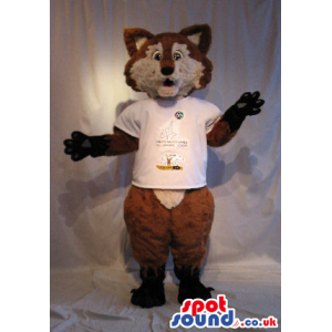 Brown And Beige Fox Plush Mascot Wearing A White T-Shirt -