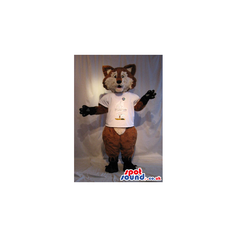 Brown And Beige Fox Plush Mascot Wearing A White T-Shirt -