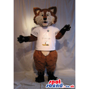 Brown And Beige Fox Plush Mascot Wearing A White T-Shirt -