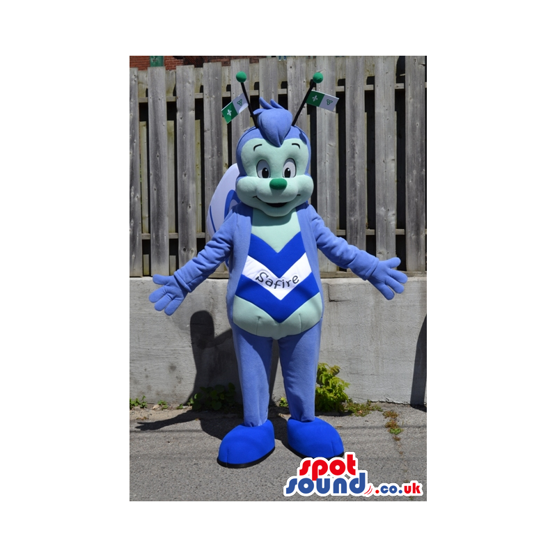 Funny Bright Blue Bug Plush Mascot With Text On Its Belly -