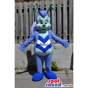 Funny Bright Blue Bug Plush Mascot With Text On Its Belly -