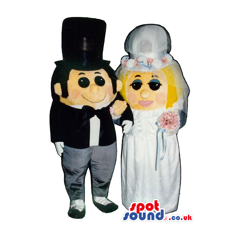 Just Married Couple Mascots With Bride And Groom Garments -