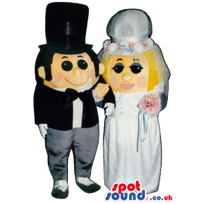 Just Married Couple Mascots With Bride And Groom Garments -