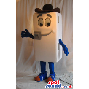 Funny White Fridge Plush Mascot With A Cartoon Face Wearing A