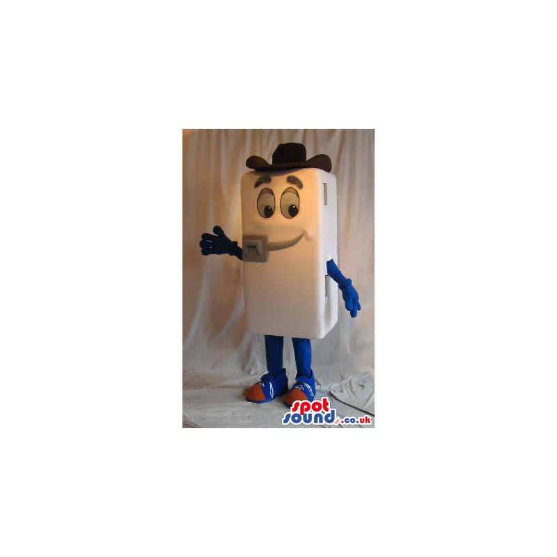 Funny White Fridge Plush Mascot With A Cartoon Face Wearing A
