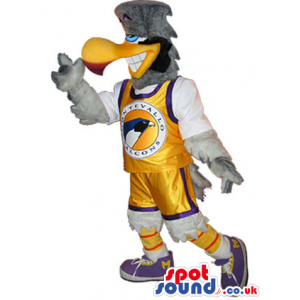 Grey Bird Plush Mascot Wearing Yellow Basketball Clothes -