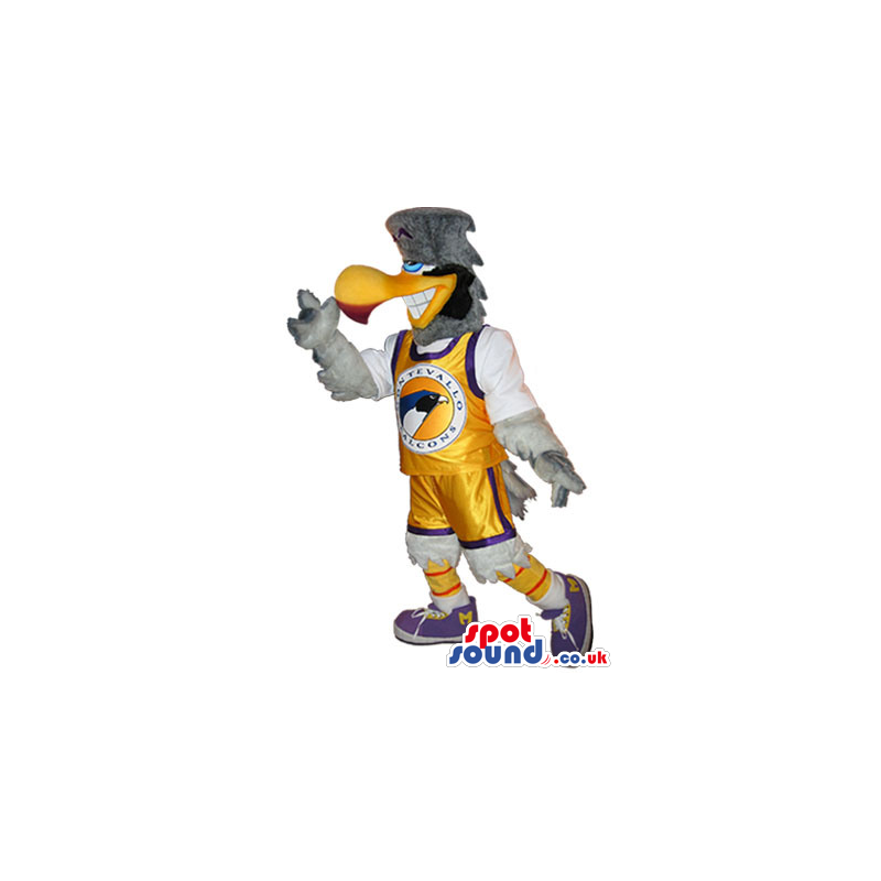 Grey Bird Plush Mascot Wearing Yellow Basketball Clothes -