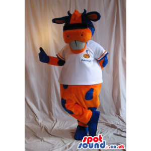 Orange And Blue Cow Plush Mascot Wearing A T-Shirt With Logo -