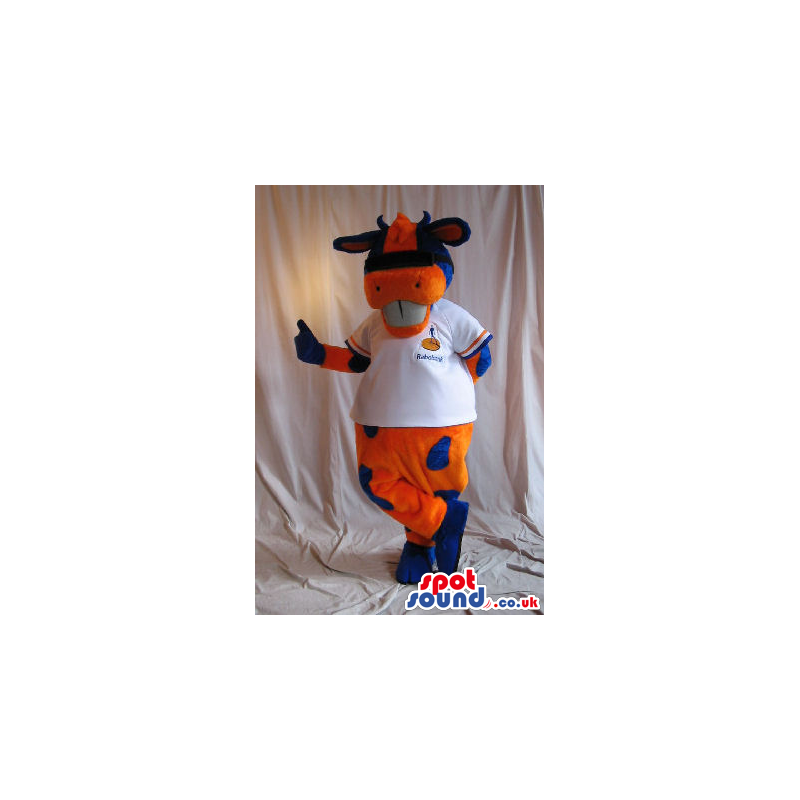 Orange And Blue Cow Plush Mascot Wearing A T-Shirt With Logo -