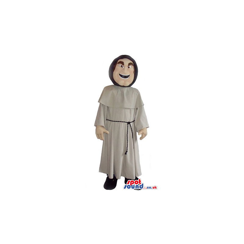 Monk Human Mascot With Brown Garments And Laughing Face -